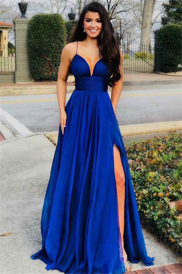 Affordable Royal Blue Long A-line Spaghetti Straps Prom Dress with Slit-BIZTUNNEL