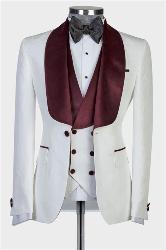 Aldrich New Arrival White Three Pieces Wedding Suits With Burgundy Shawl Lapel