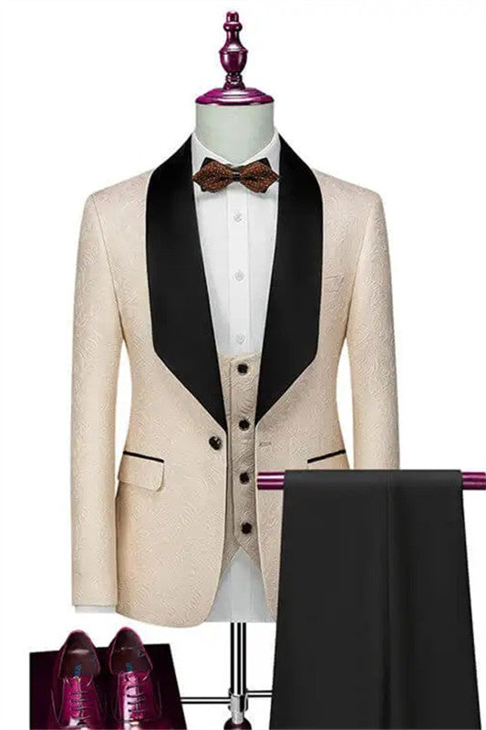 Alexandra Bespoke Champagne Shawl Lapel Three Pieces Men Suits For Wedding