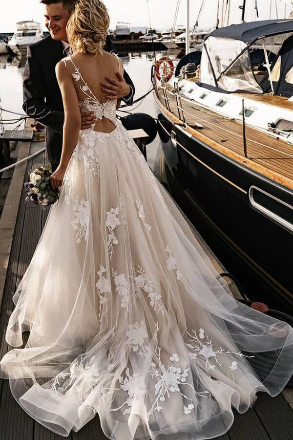 
                  
                    Amazing Long A-line Appliques Lace Tulle Chapel Train Wedding Dress-BIZTUNNEL
                  
                