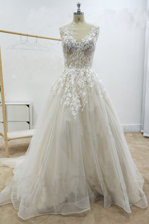 Amazing Long A-line Appliques Lace Tulle Chapel Train Wedding Dress-BIZTUNNEL