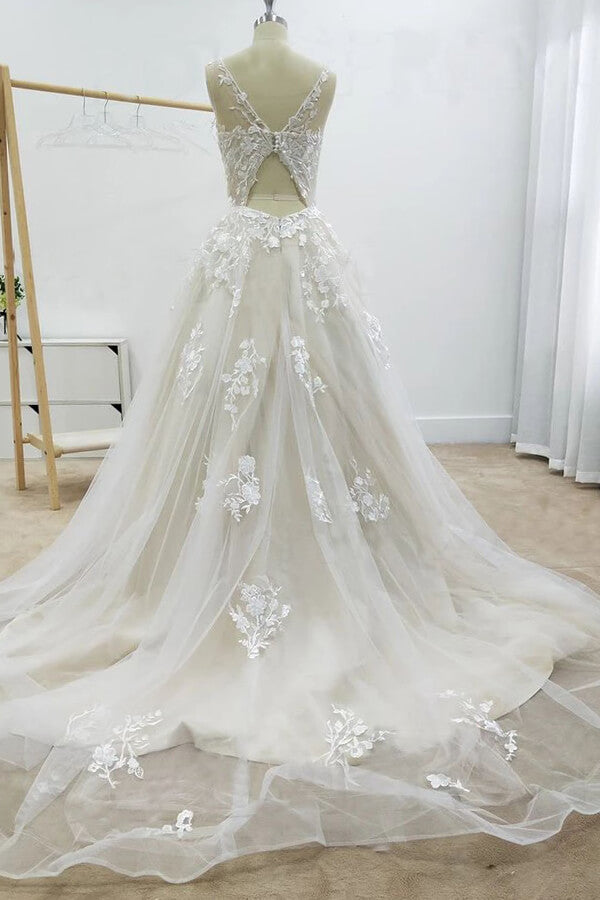 
                  
                    Amazing Long A-line Appliques Lace Tulle Chapel Train Wedding Dress-BIZTUNNEL
                  
                