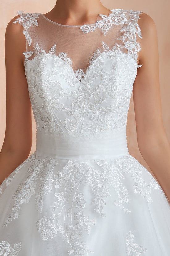 Amazing Long A-line Appliques Lace Tulle Wedding Dress-BIZTUNNEL