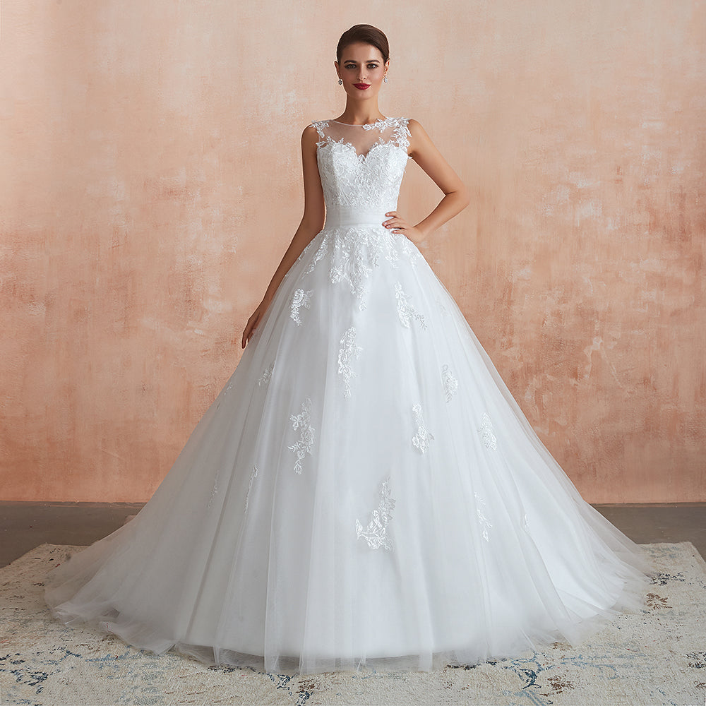 
                  
                    Amazing Long A-line Appliques Lace Tulle Wedding Dress-BIZTUNNEL
                  
                