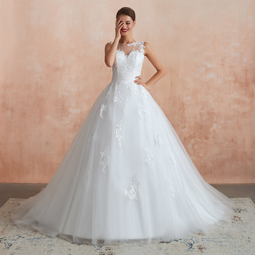 
                  
                    Amazing Long A-line Appliques Lace Tulle Wedding Dress-BIZTUNNEL
                  
                