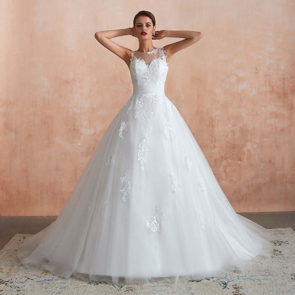 
                  
                    Amazing Long A-line Appliques Lace Tulle Wedding Dress-BIZTUNNEL
                  
                