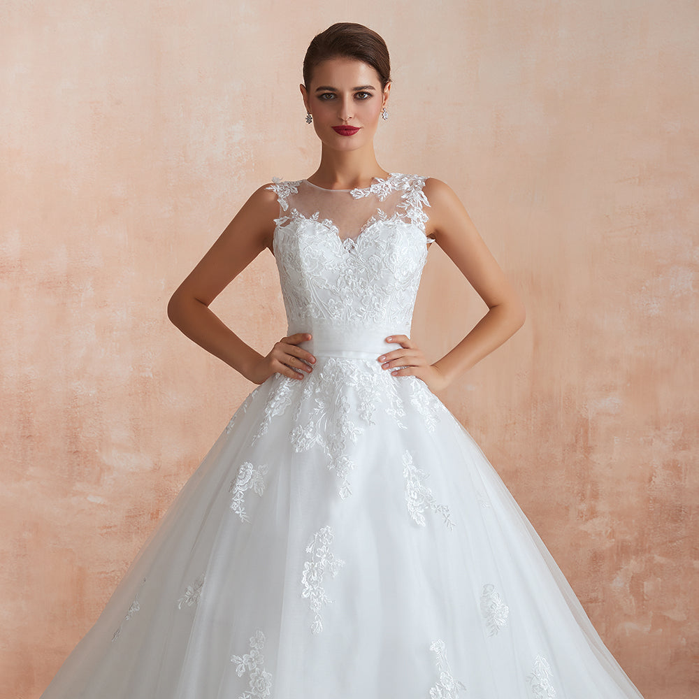 
                  
                    Amazing Long A-line Appliques Lace Tulle Wedding Dress-BIZTUNNEL
                  
                