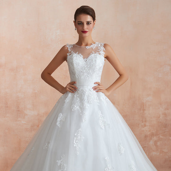 Amazing Long A-line Appliques Lace Tulle Wedding Dress-BIZTUNNEL