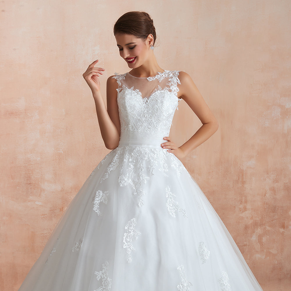 
                  
                    Amazing Long A-line Appliques Lace Tulle Wedding Dress-BIZTUNNEL
                  
                