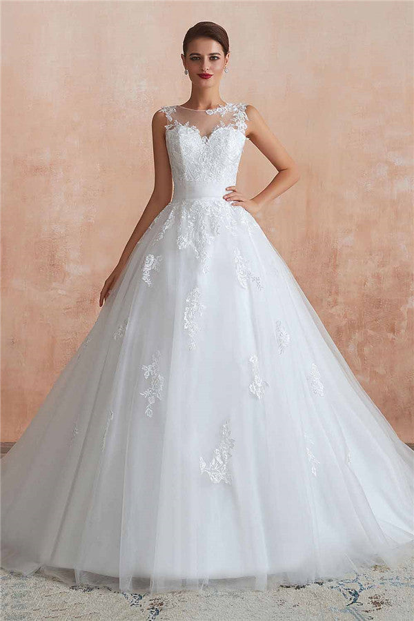 Amazing Long A-line Appliques Lace Tulle Wedding Dress-BIZTUNNEL