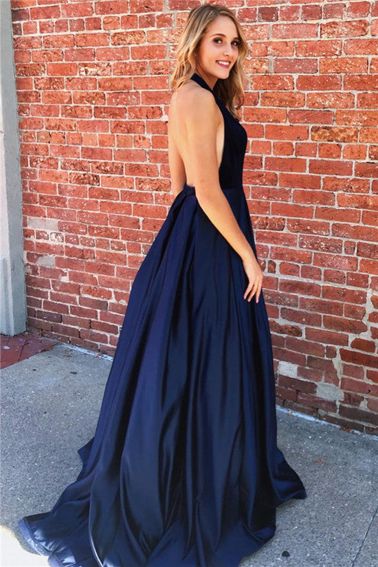 Amazing Long A-line Halter Ruched Open Back Prom Dress-BIZTUNNEL