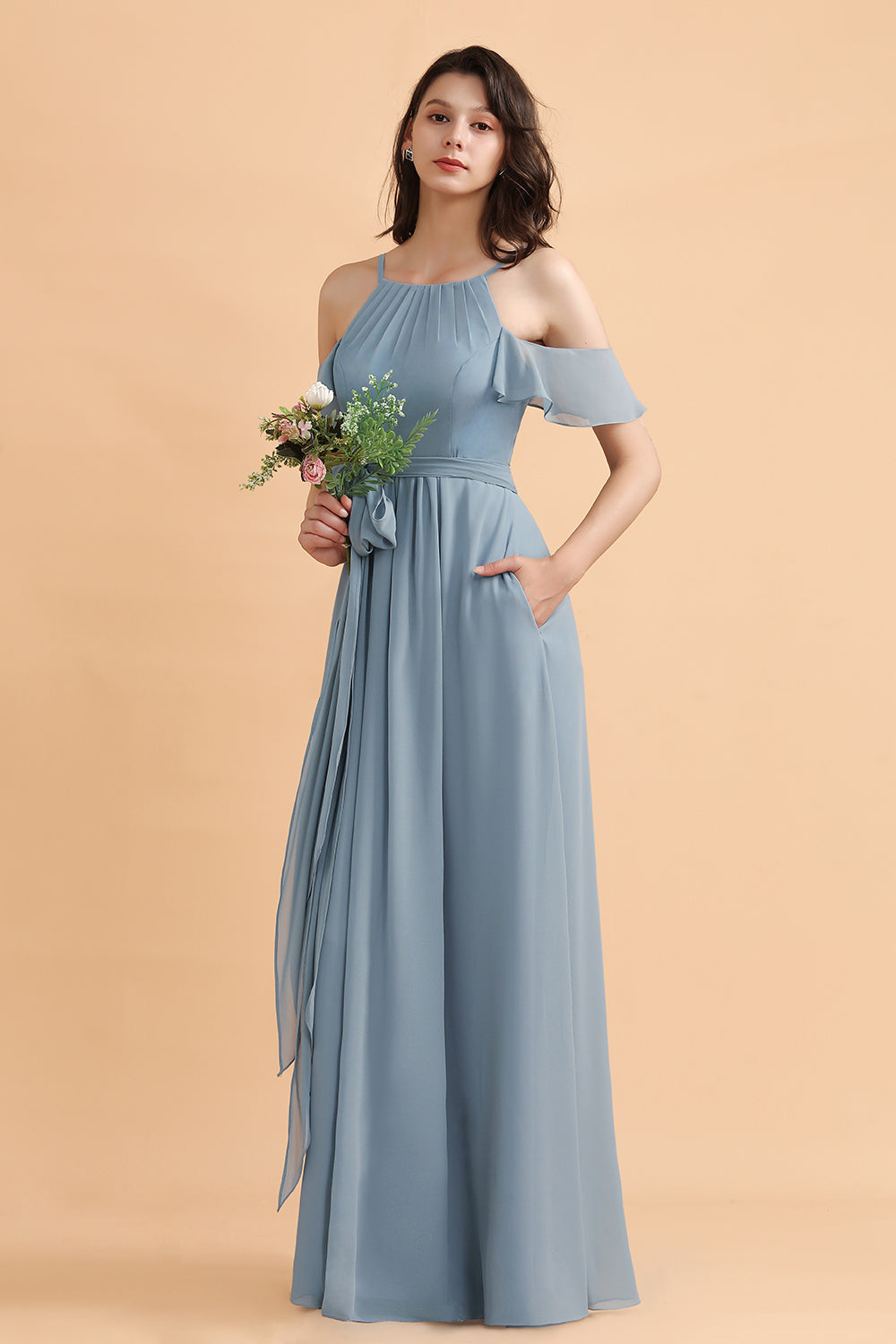 Amazing Long A-Line Off-the-Shoulder Chiffon Grey Blue Bridesmaid Dress With Bowknot-BIZTUNNEL