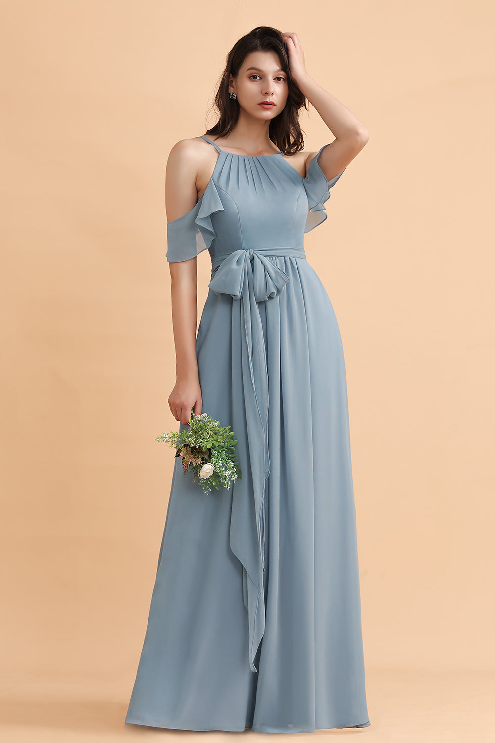 Amazing Long A-Line Off-the-Shoulder Chiffon Grey Blue Bridesmaid Dress With Bowknot Amazing Long A-Line Off-the-Shoulder Chiffon Grey Blue Bridesmaid Dress With Bowknot