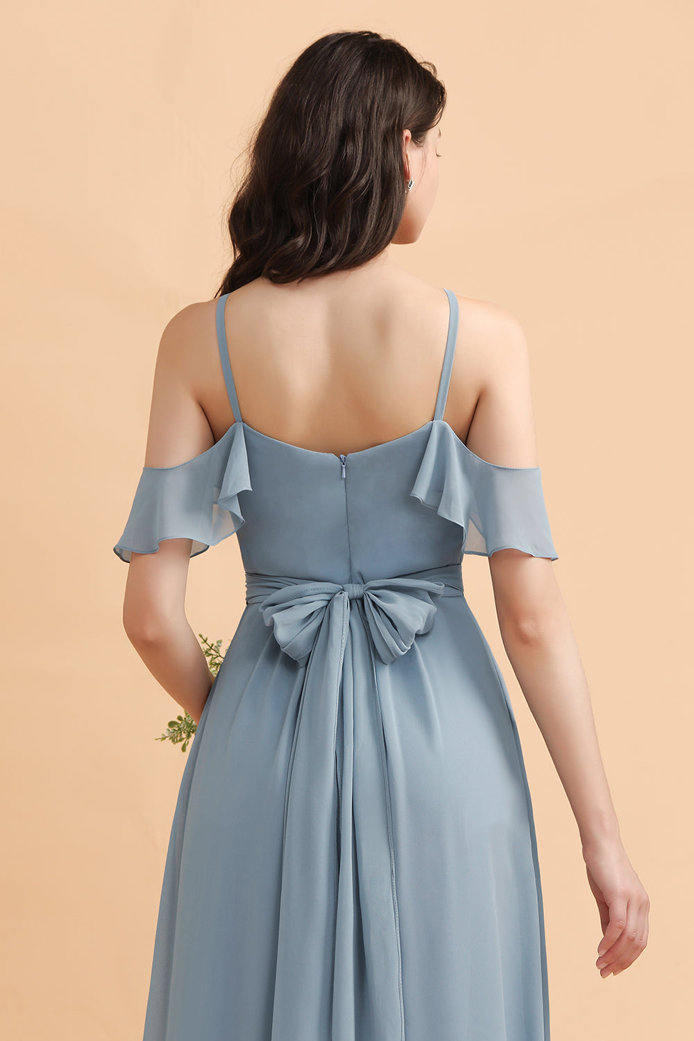 Amazing Long A-Line Off-the-Shoulder Chiffon Grey Blue Bridesmaid Dress With Bowknot-BIZTUNNEL
