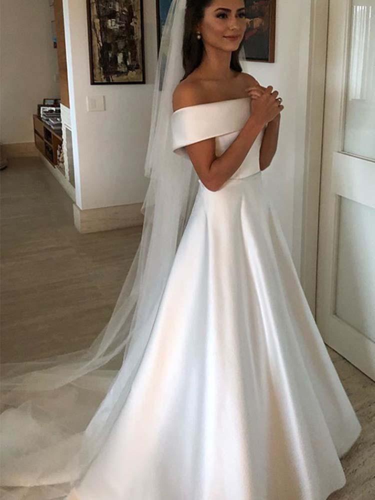 Amazing Long A-line Off the Shoulder Covered Button Satin Wedding Dresses-BIZTUNNEL