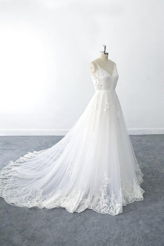 Amazing Long A-line V-neck Ruffle Appliques Tulle Wedding Dress – BIZTUNNEL
