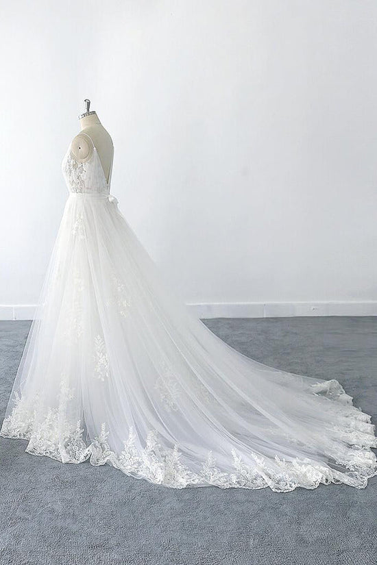Amazing Long A-line V-neck Ruffle Appliques Tulle Wedding Dress-BIZTUNNEL