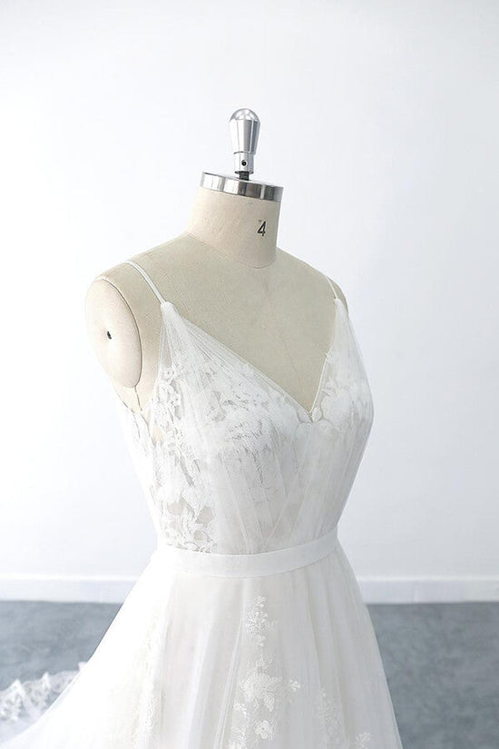 Amazing Long A-line V-neck Ruffle Appliques Tulle Wedding Dress-BIZTUNNEL