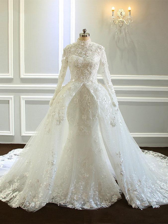 Amazing Long Mermaid High Neck Tulle Lace Wedding Dresses with Sleeves-BIZTUNNEL