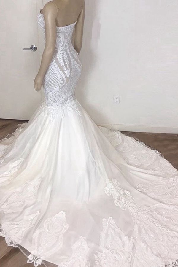Amazing Long Mermaid Strapless Appliques Lace Wedding Dress-BIZTUNNEL