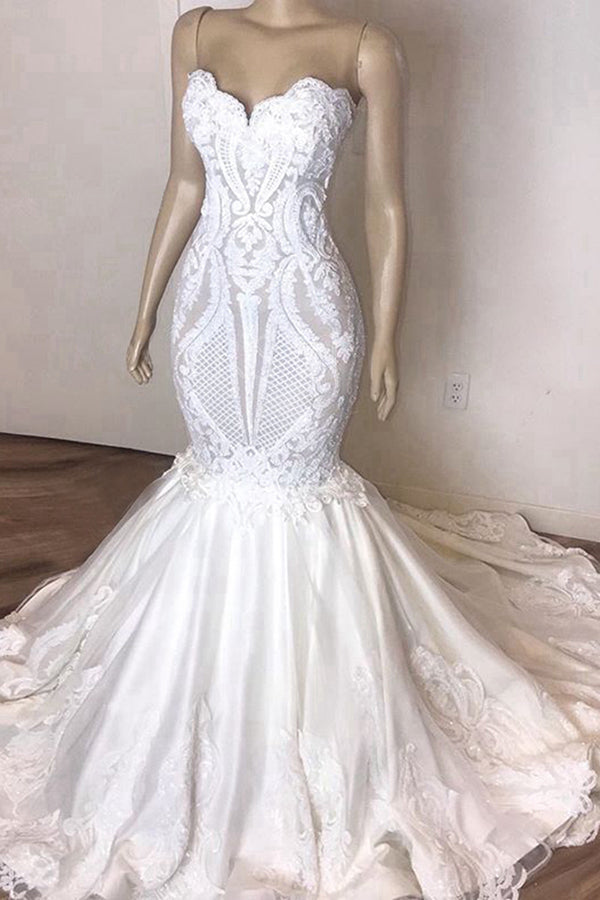 Amazing Long Mermaid Strapless Appliques Lace Wedding Dress-BIZTUNNEL