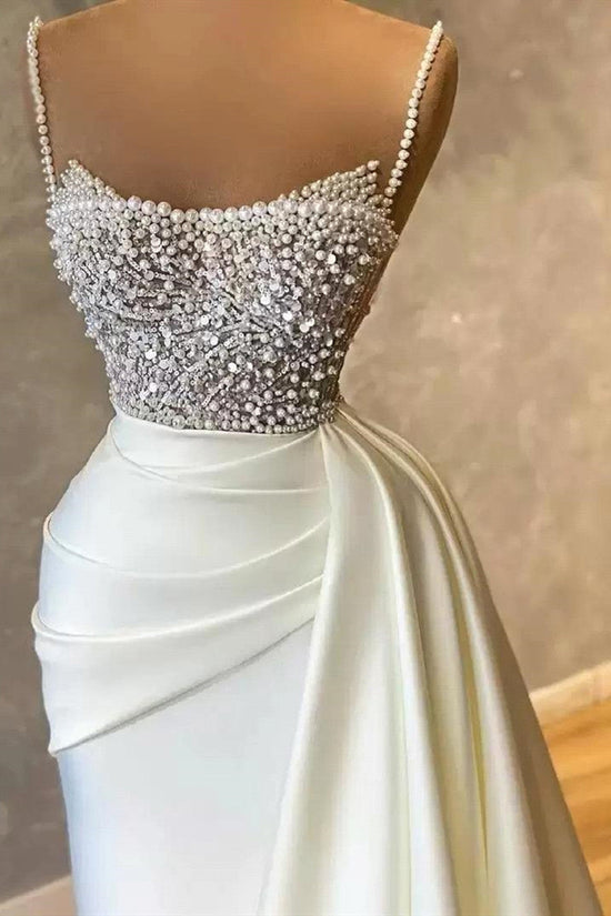 Amazing Long Mermaid Strapless Sequins Pearls Satin Formal Prom Dresses-BIZTUNNEL