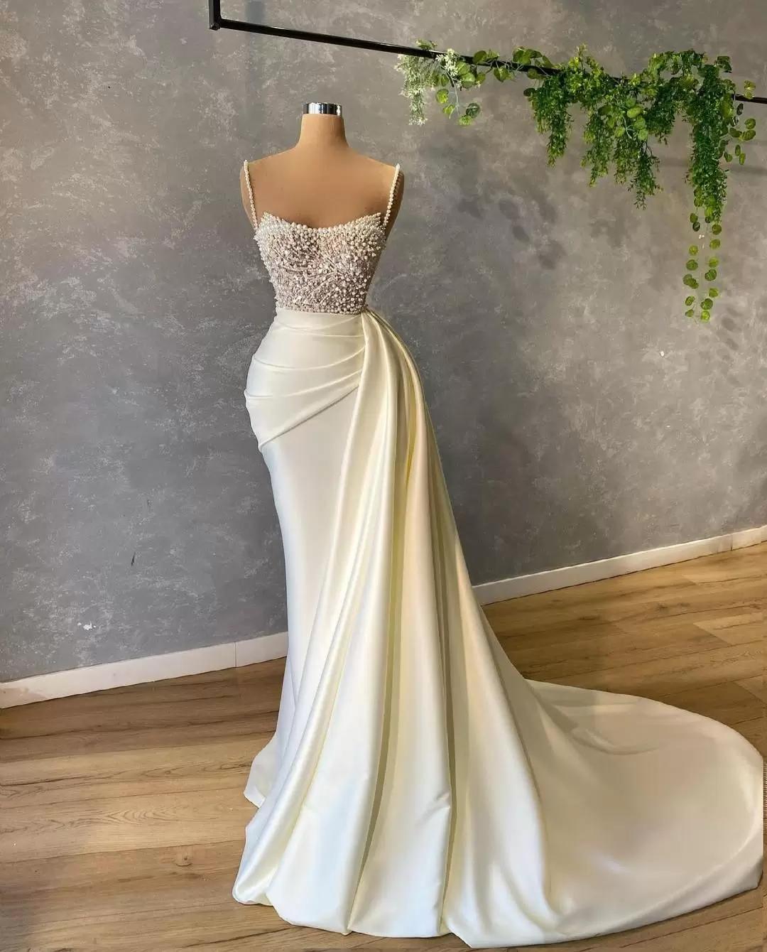 Amazing Long Mermaid Strapless Sequins Pearls Satin Formal Prom Dresses-BIZTUNNEL