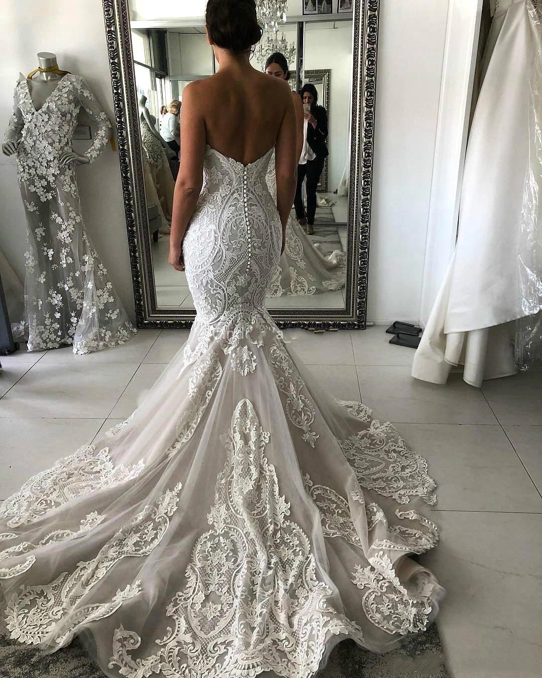 Amazing Long Mermaid Sweetheart Appliques Lace Wedding Dress-BIZTUNNEL
