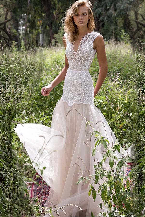 Amazing Long Sheath V-neck Lace Tulle Backless Wedding Dress-BIZTUNNEL