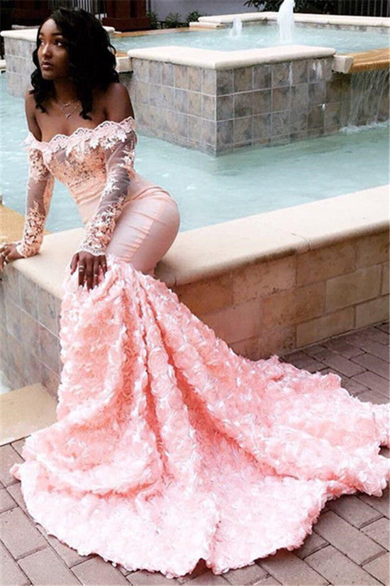 Amazing Pink Off-the-shoulder Appliques Mermaid Long Prom Dress-BIZTUNNEL