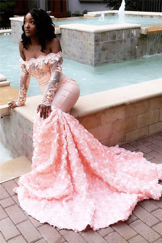 Amazing Pink Off-the-shoulder Appliques Mermaid Long Prom Dress-BIZTUNNEL