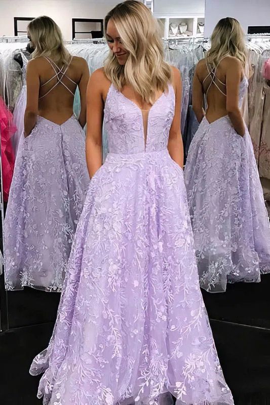 Amazing Spaghetti Straps Appliques Lace Tulle A-Line Prom Dress With Pockets-BIZTUNNEL