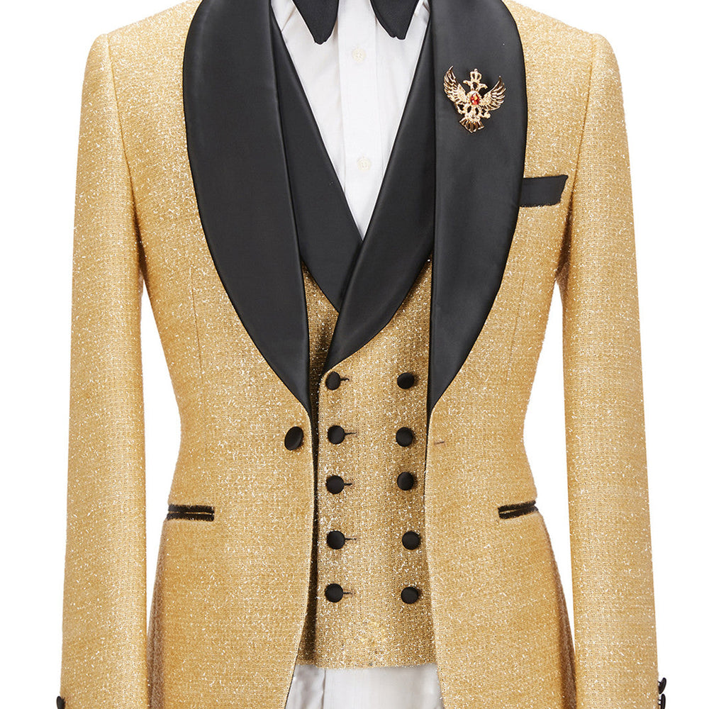 Andrew Sparkly Golden Shawl Lapel Three Pieces Men Suits For Wedding