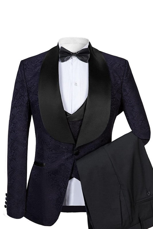 Ansel Glamorous Black Shawl Lapel Three Pieces Jacquard Men Suits For Wedding
