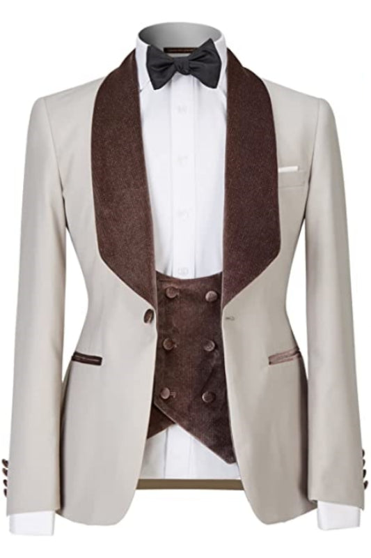 Arthur Chic Beige Shawl Lapel Three Pieces Men Suits For Wedding