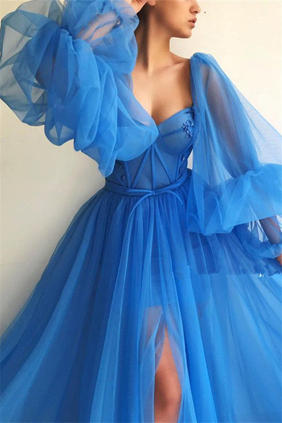 Awesome Long A-line Sweetheart Tulle Front Slit Prom Dress with Sleeves-BIZTUNNEL