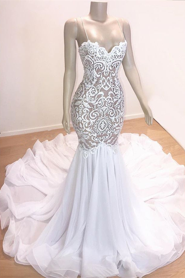 Awesome Long Mermaid Sweetheart Tulle Lace White Prom Dress-BIZTUNNEL