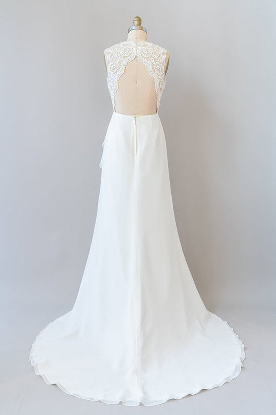 Awesome Long Sheath Lace Chiffon Backless Wedding Dress-BIZTUNNEL
