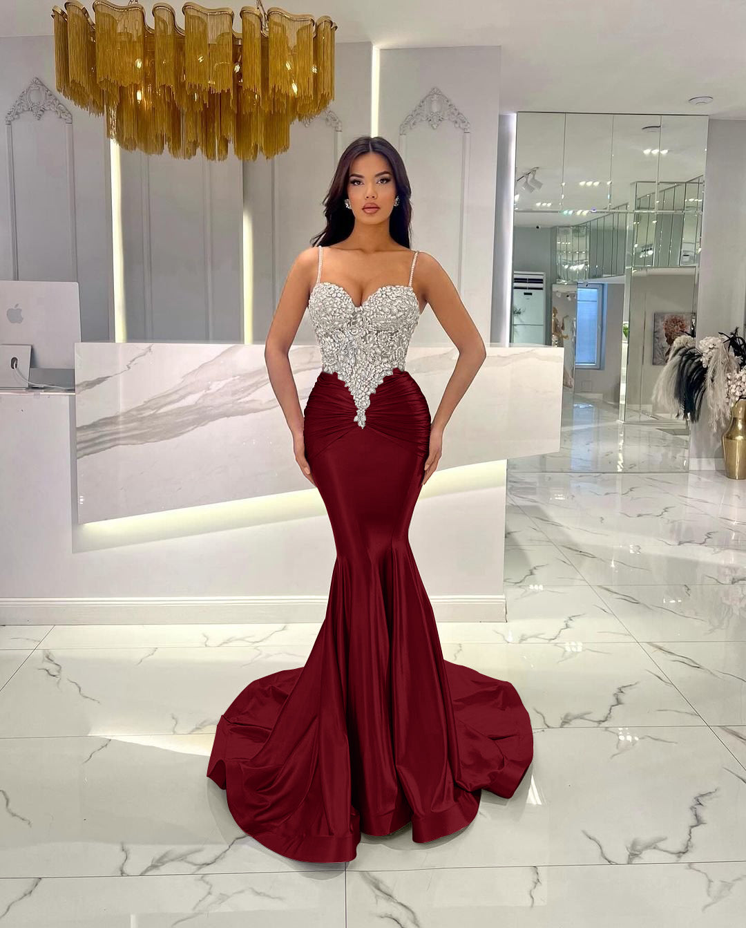 red and white mermaid prom dress Party Semi-Formal Colorblock Dress Red White V-Neck Mermaid Midi Dress Loveiss