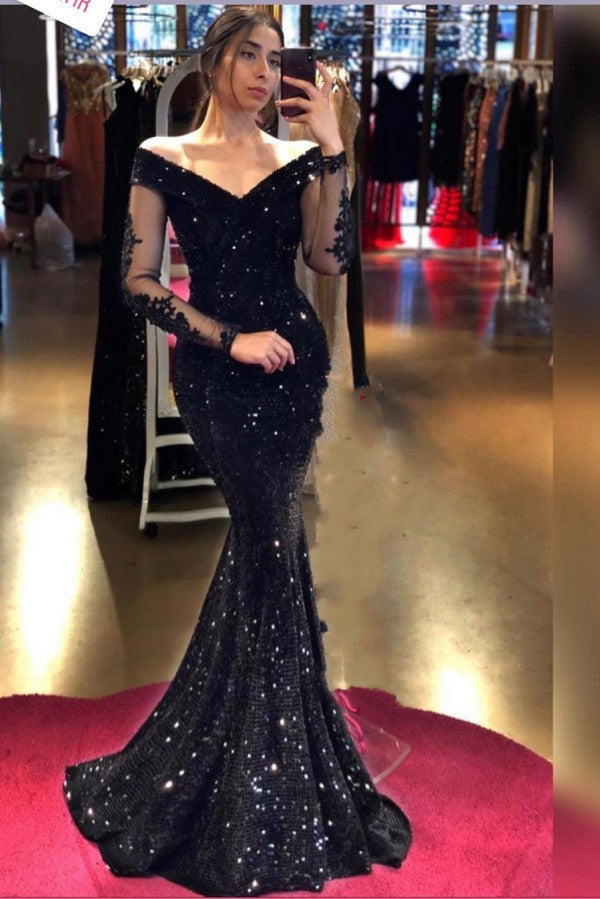 Balck Long Mermaid Off-the-shoulder Sequins Prom Dress with Sleeves-BIZTUNNEL