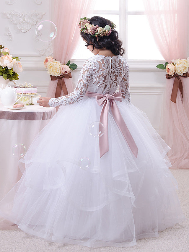 Ball Gown Cotton Long Sleeve Lace Tulle First Communion Flower Girl Dresses-BIZTUNNEL