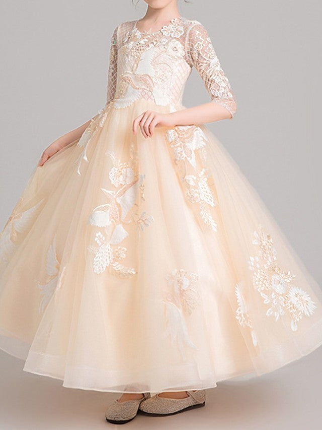 Ball Gown Jewel Neck Pageant Flower Girl Dresses With Sleeves-BIZTUNNEL