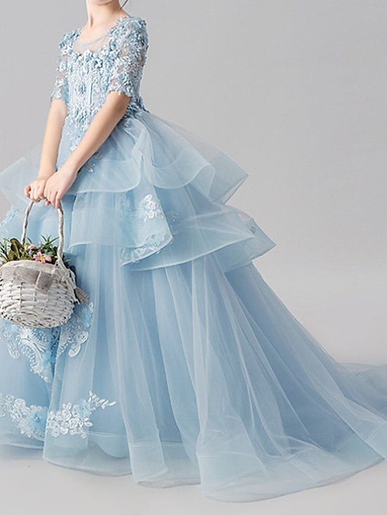Ball Gown Jewel Neck Sweep Brush Train Pageant Flower Girl Dresses with Sleeves-BIZTUNNEL
