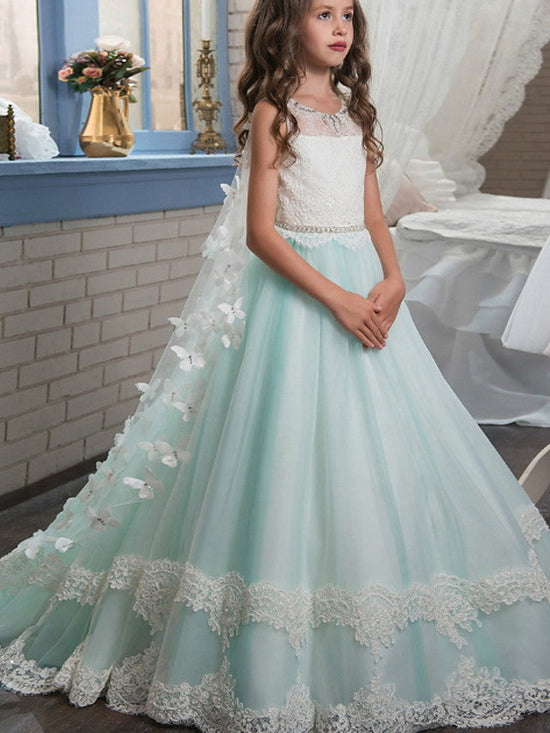 Ball Gown Jewel Neck Wedding Event Party Flower Girl Dresses With Appliques Color Block-BIZTUNNEL