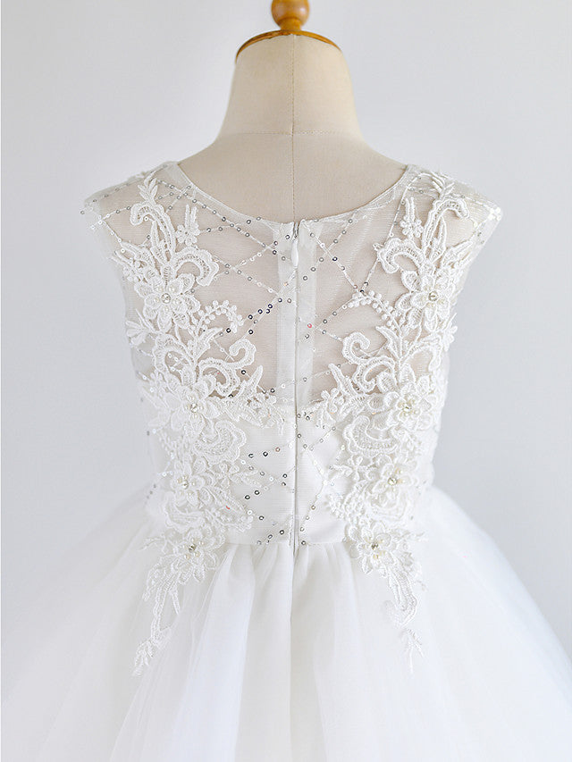 Ball Gown Lace Tulle Sleeveless Jewel Neck Asymmetrical Wedding First Communion Birthday Flower Girl Dresses-BIZTUNNEL