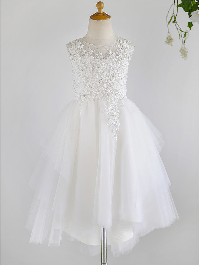 Ball Gown Lace Tulle Sleeveless Jewel Neck Asymmetrical Wedding First Communion Birthday Flower Girl Dresses-BIZTUNNEL