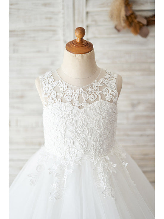 Ball Gown Lace Tulle Sleeveless Jewel Neck Wedding Birthday Flower Girl Dresses-BIZTUNNEL