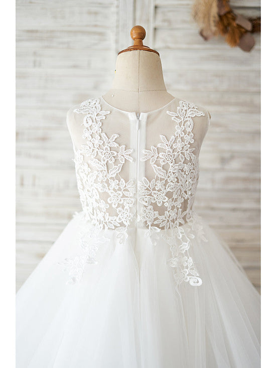 Ball Gown Lace Tulle Sleeveless Jewel Neck Wedding Birthday Flower Girl Dresses-BIZTUNNEL