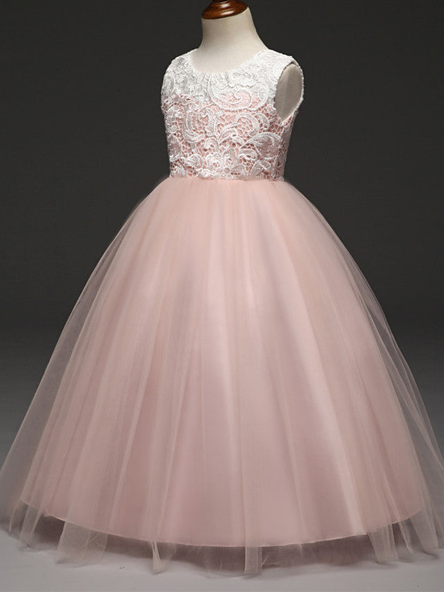 Charger l&amp;#39;image dans la galerie, Ball Gown Lace Tulle Sleeveless Jewel Neck Wedding Party Flower Girl Dresses-BIZTUNNEL
