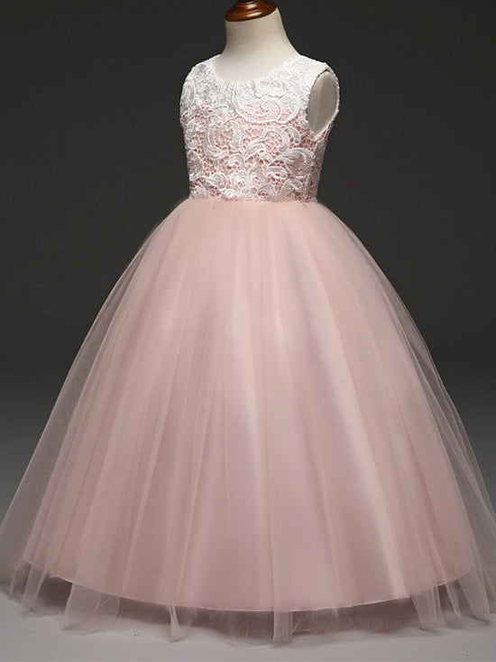 Ball Gown Lace Tulle Sleeveless Jewel Neck Wedding Party Flower Girl Dresses-BIZTUNNEL